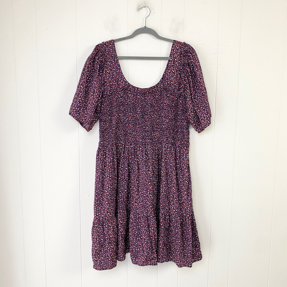 Gap Womens XXL Ditsy Floral Smocked Mini Dress Navy Purple Short Sleeve Cotton